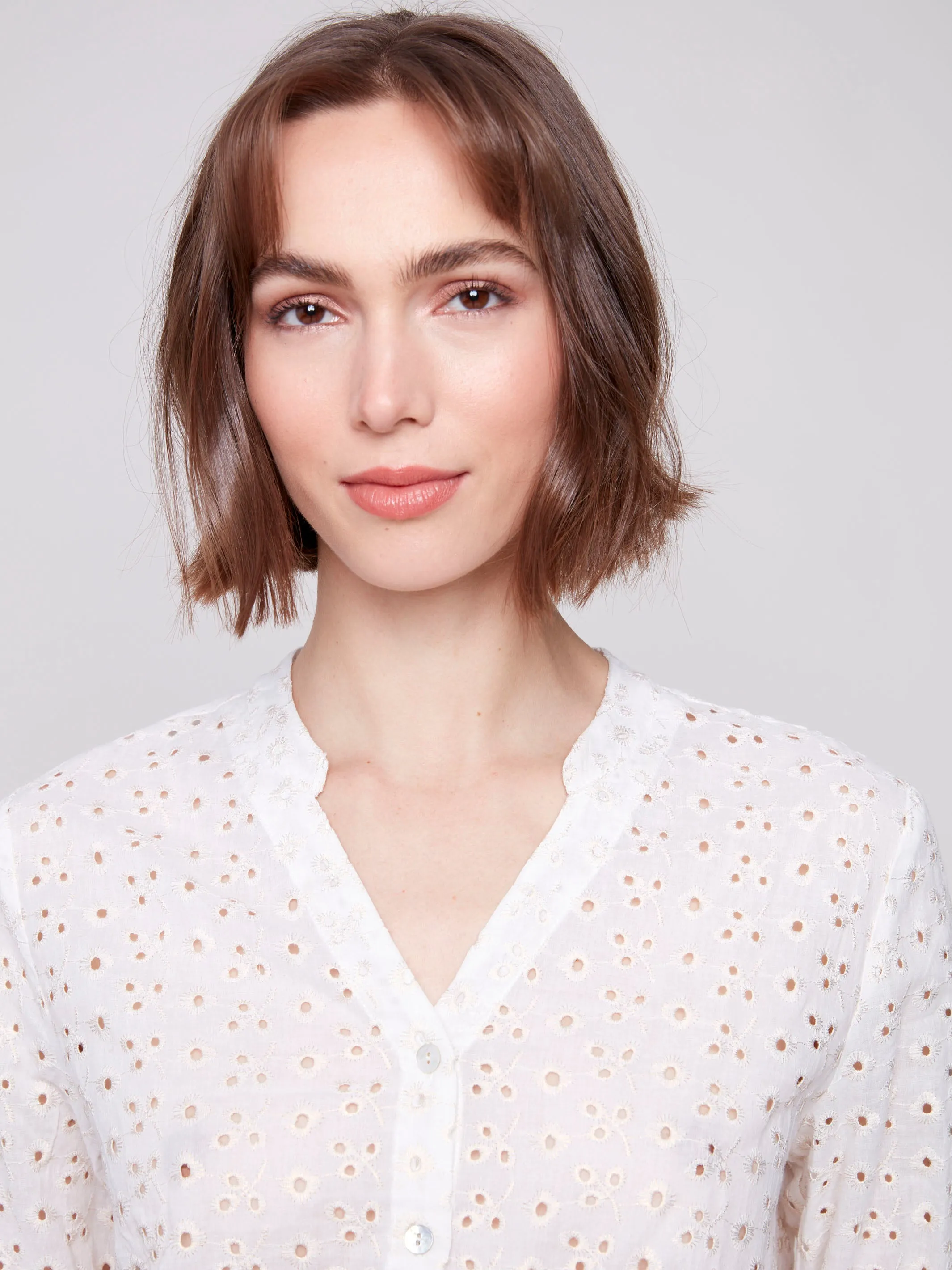 Eyelet Embroidery Cotton Blouse with Front Tie - Gold
