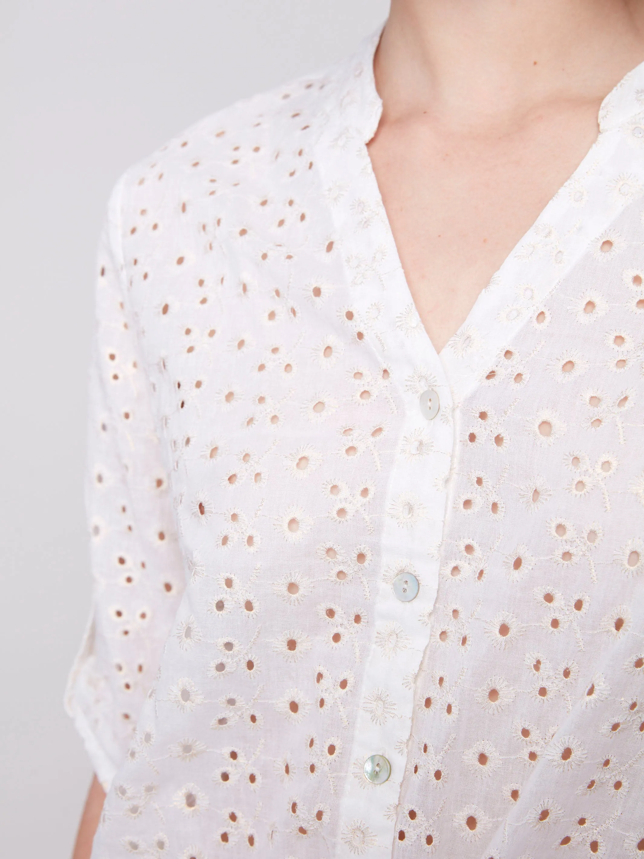 Eyelet Embroidery Cotton Blouse with Front Tie - Gold