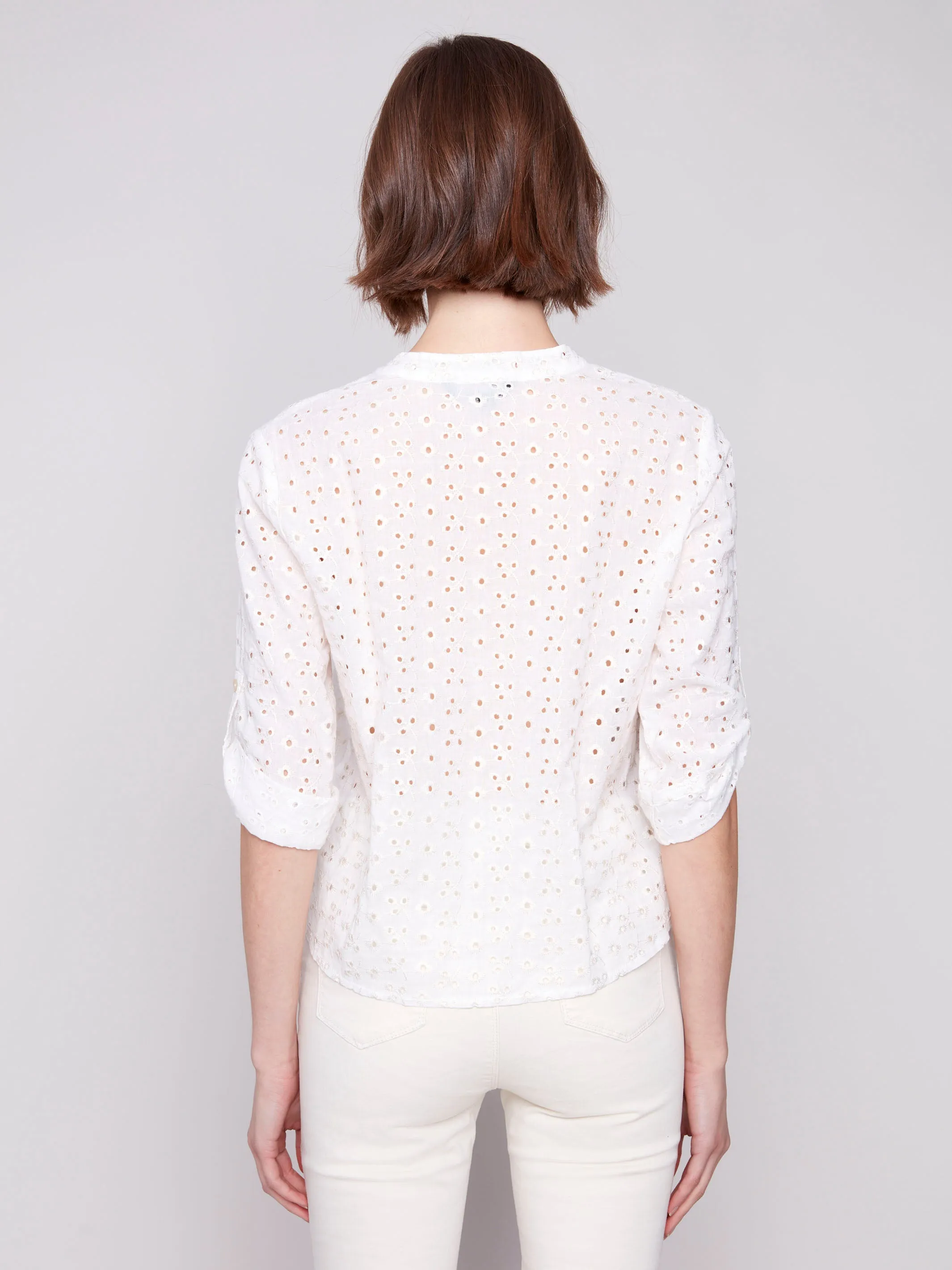 Eyelet Embroidery Cotton Blouse with Front Tie - Gold