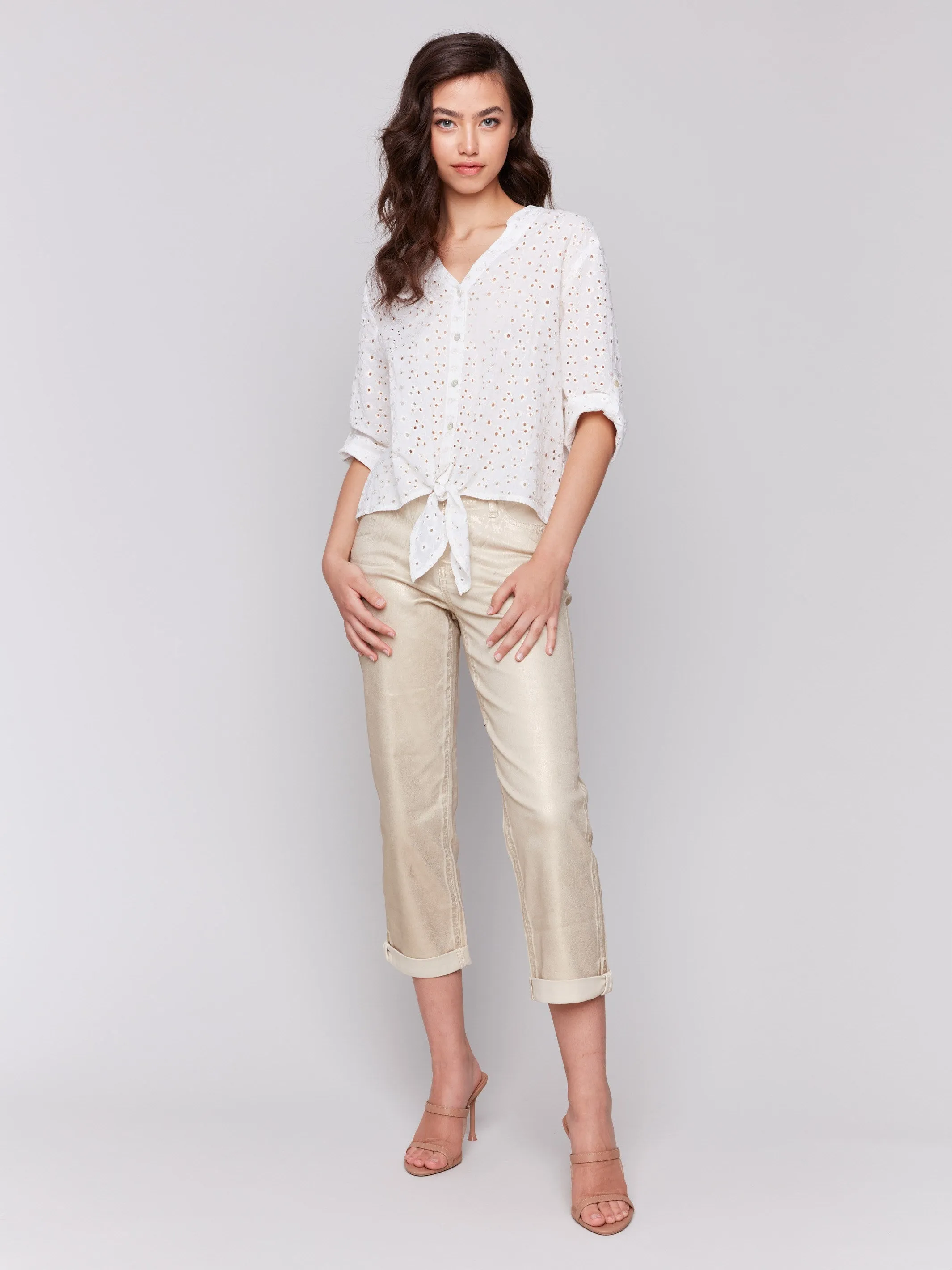 Eyelet Embroidery Cotton Blouse with Front Tie - Gold