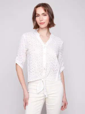 Eyelet Embroidery Cotton Blouse with Front Tie - Gold
