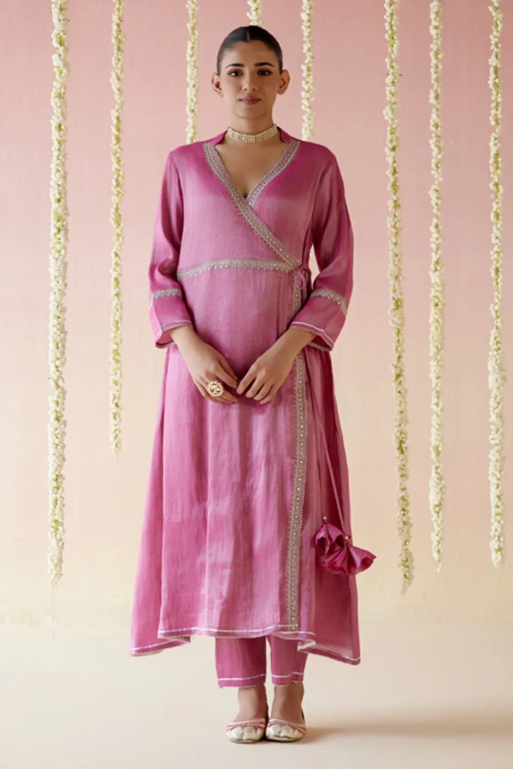 Fuschia Pink Tissue Angarakha with Narrow Pants