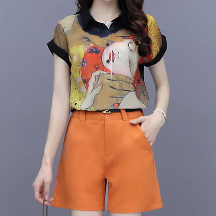 Girl Face Print Chiffon T-Shirt Casual Shorts