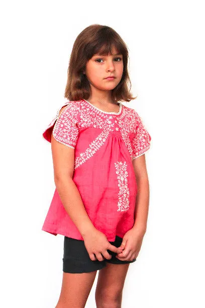 Girls Light Red Organic Linen Folk Fairy Embroidered Blouse