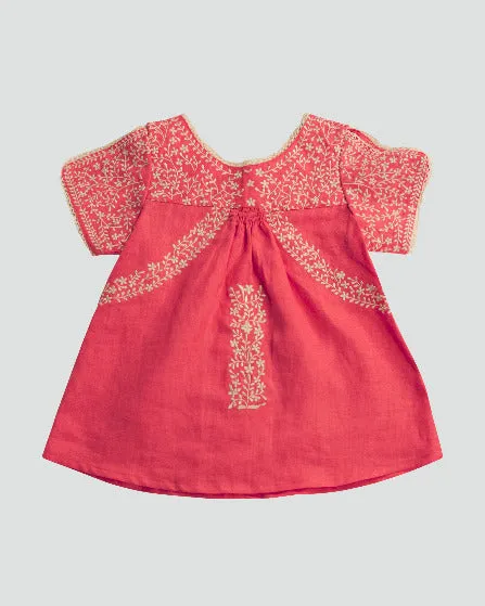 Girls Light Red Organic Linen Folk Fairy Embroidered Blouse