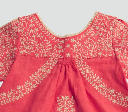 Girls Light Red Organic Linen Folk Fairy Embroidered Blouse