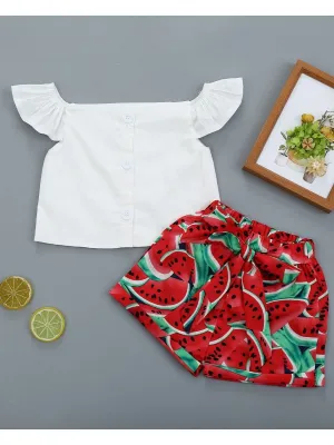 Girls White Top & Watermelon Shorts Set