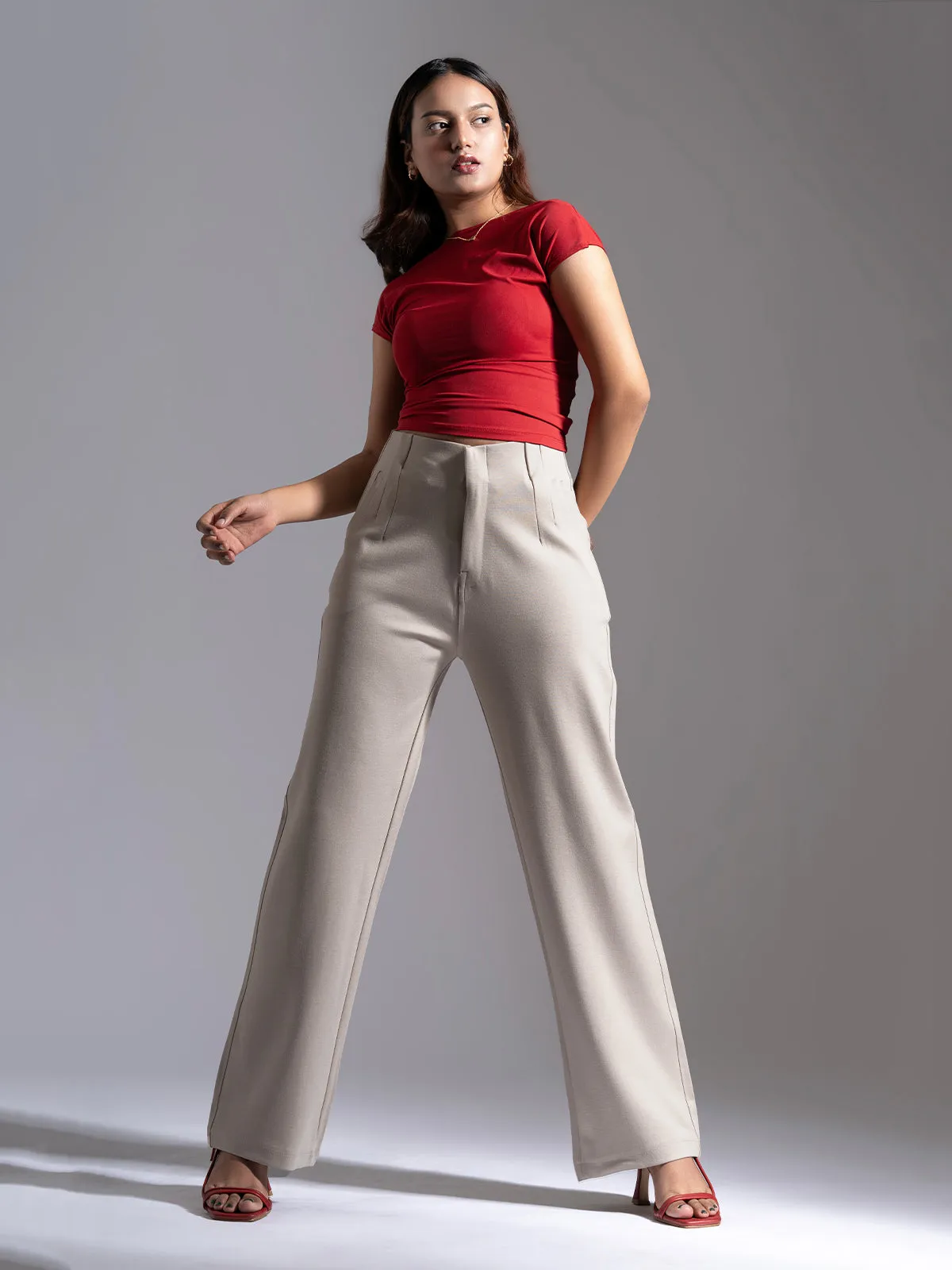 Greige Sleek Pleated Detail Korean Pants