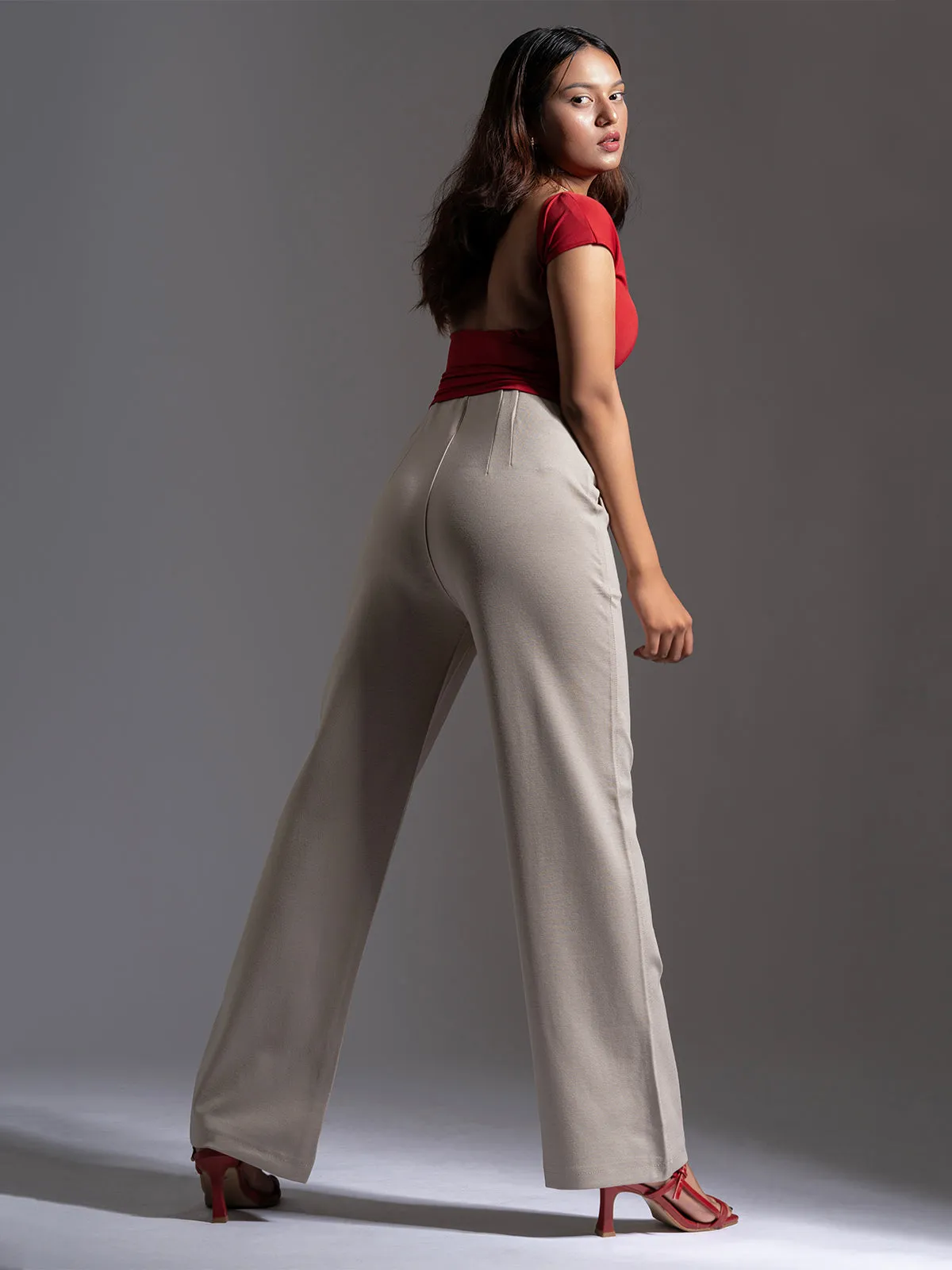 Greige Sleek Pleated Detail Korean Pants