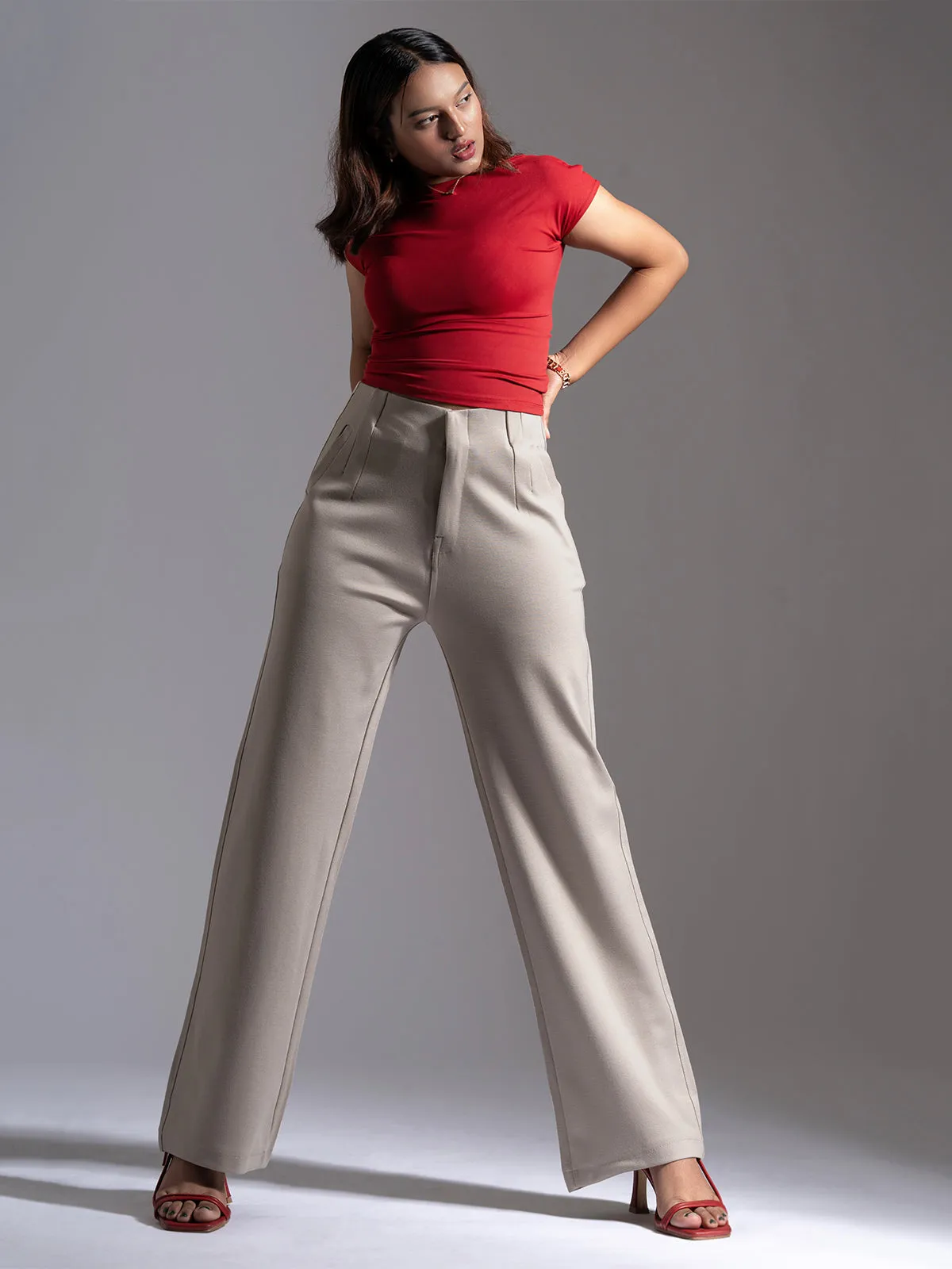 Greige Sleek Pleated Detail Korean Pants