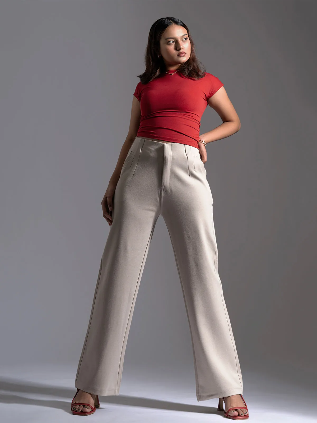 Greige Sleek Pleated Detail Korean Pants