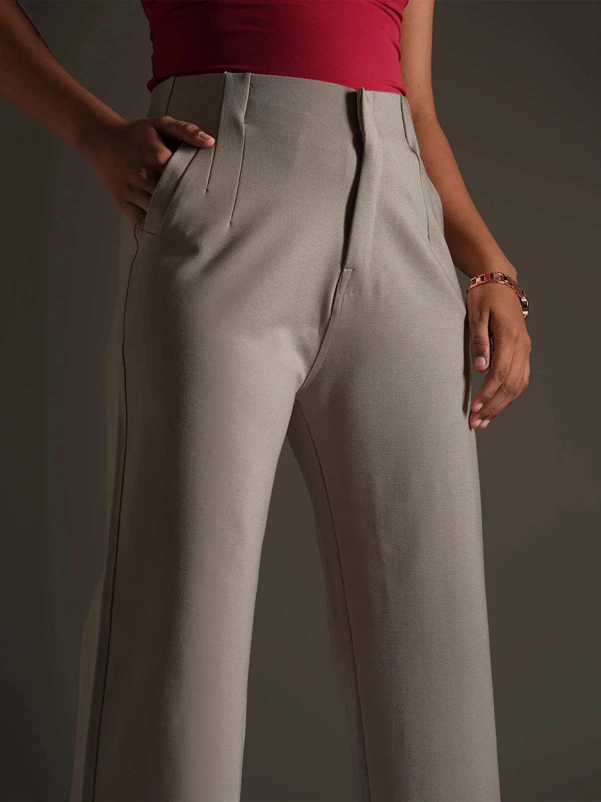 Greige Sleek Pleated Detail Korean Pants