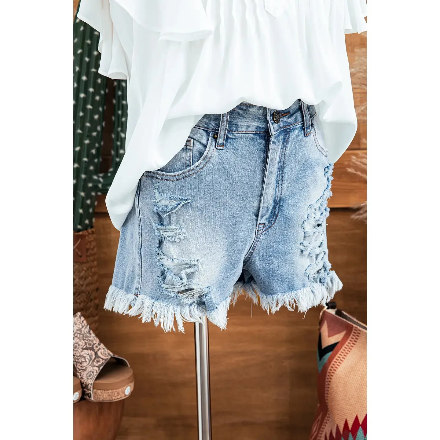 High Rise Distressed Denim Shorts