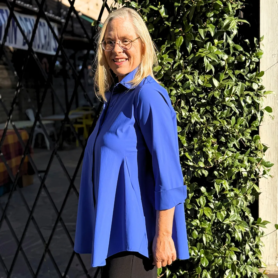 IC Collection 3778BBU Blue Prada Button Front Swing Blouse