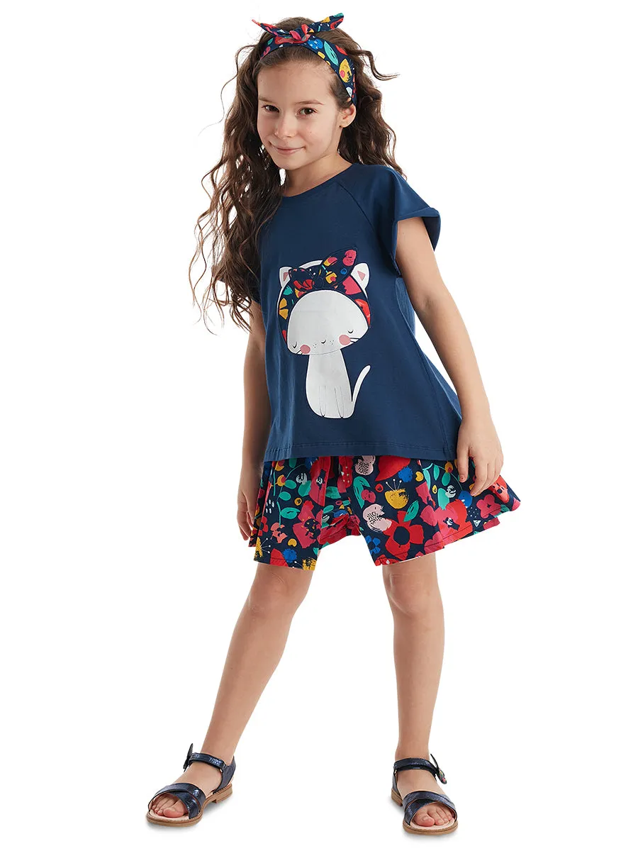 çiçekli kedi kiz çocuk t-shirt poplin şort takim