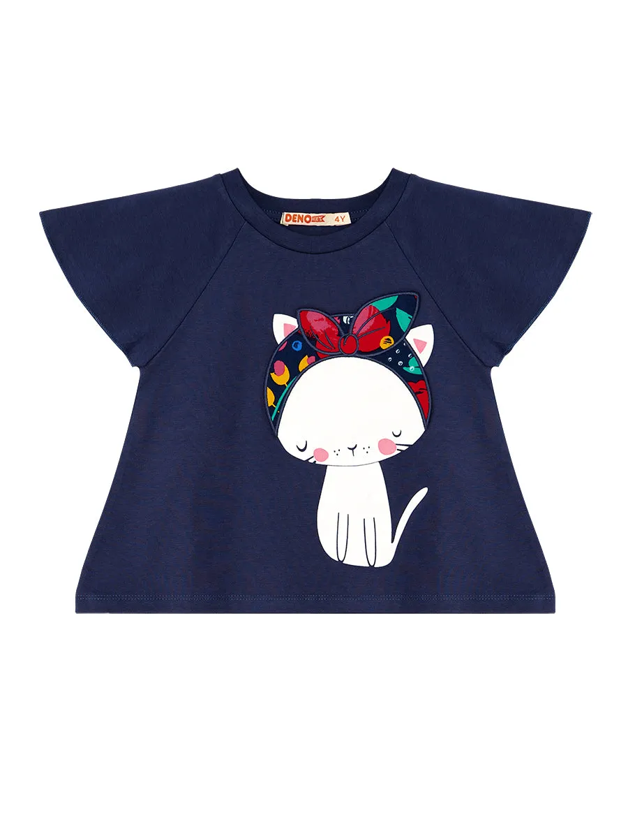 çiçekli kedi kiz çocuk t-shirt poplin şort takim