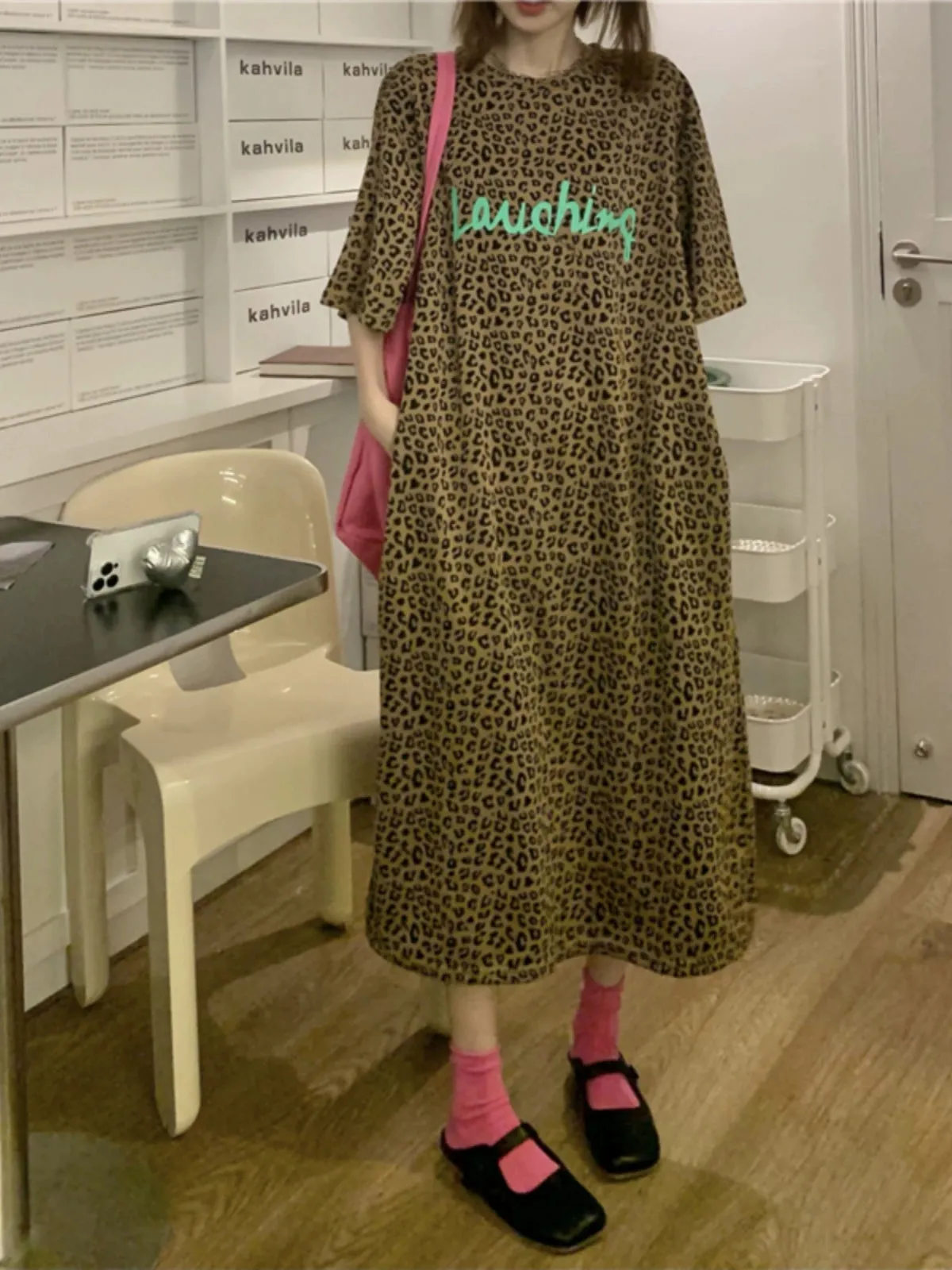 Korean style chic plus size fat MM lazy fashion lazy leopard print short sleeve long t-shirt dress dress