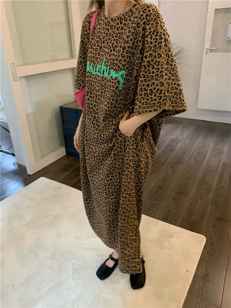 Korean style chic plus size fat MM lazy fashion lazy leopard print short sleeve long t-shirt dress dress