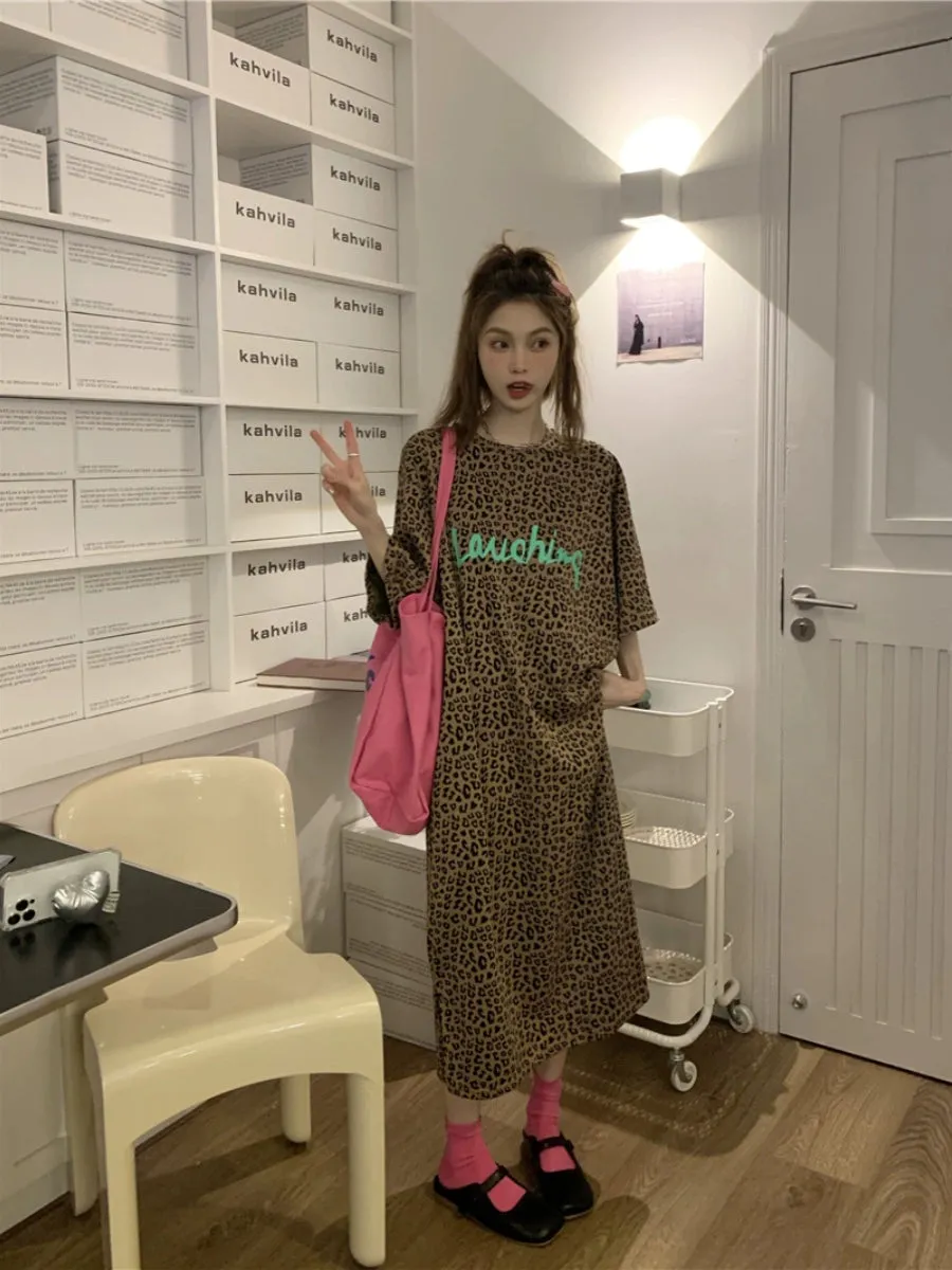 Korean style chic plus size fat MM lazy fashion lazy leopard print short sleeve long t-shirt dress dress
