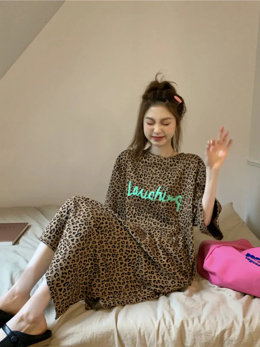 Korean style chic plus size fat MM lazy fashion lazy leopard print short sleeve long t-shirt dress dress