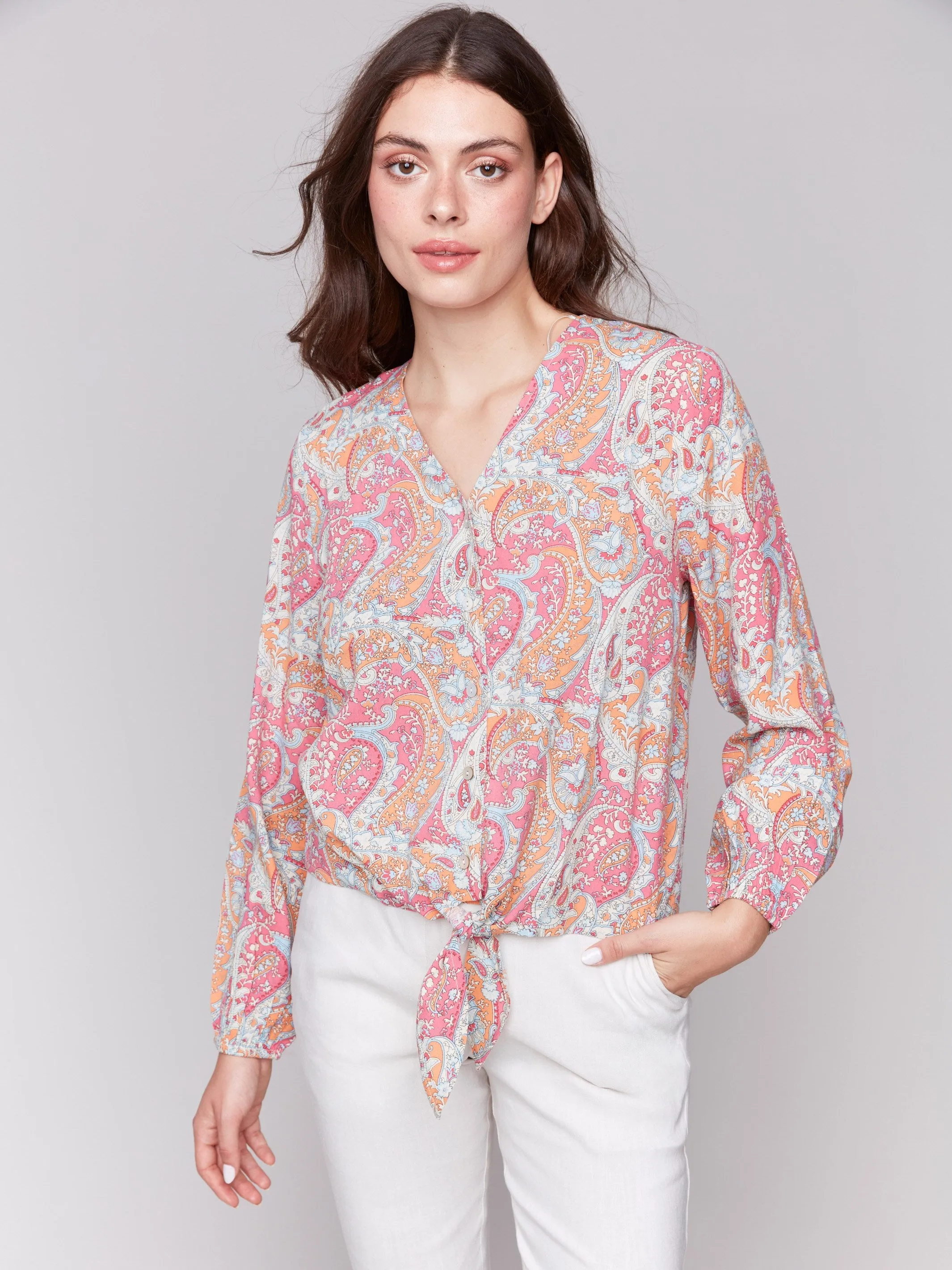 Long Sleeve Blouse with Tie - Paisley