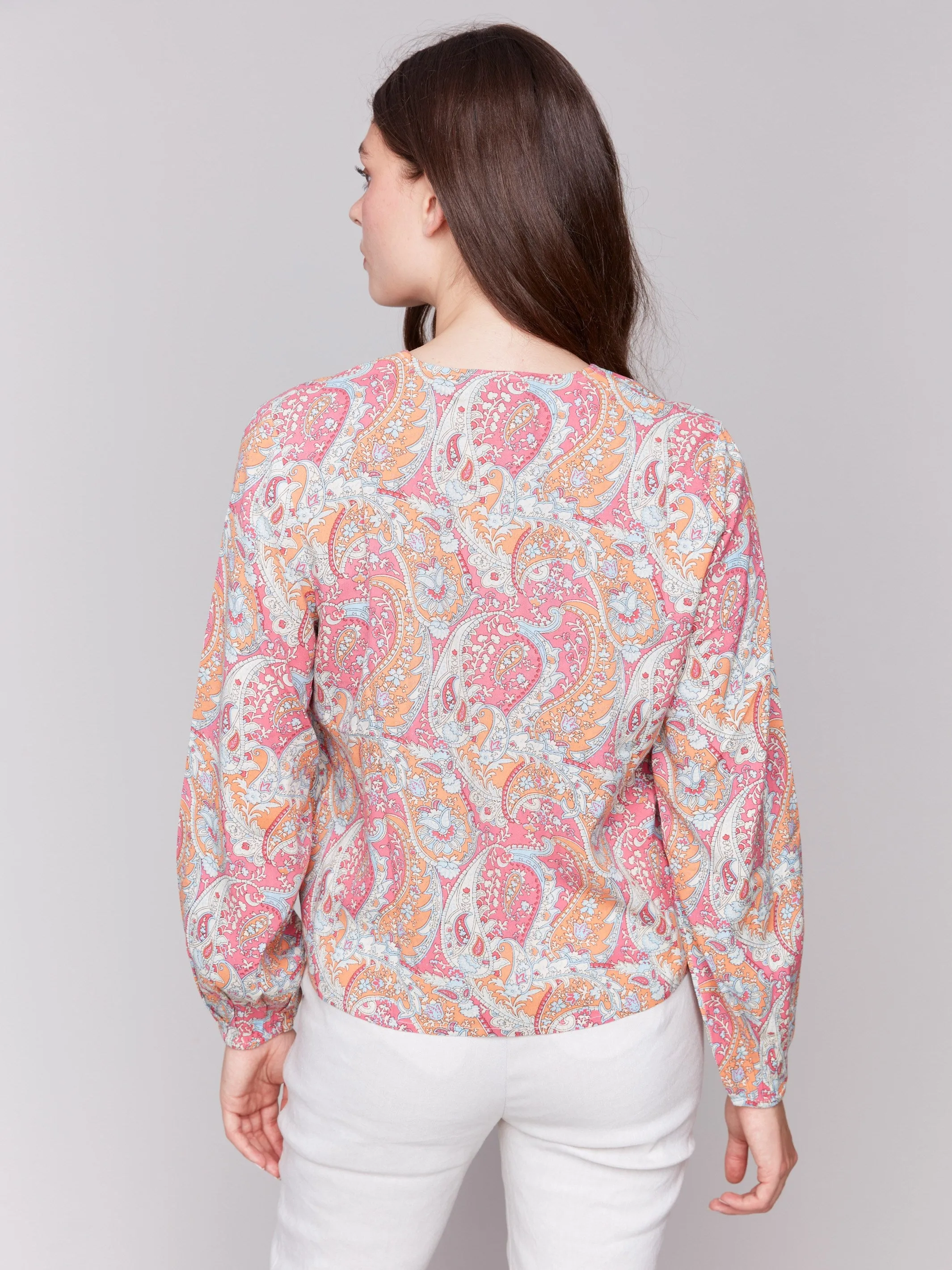 Long Sleeve Blouse with Tie - Paisley
