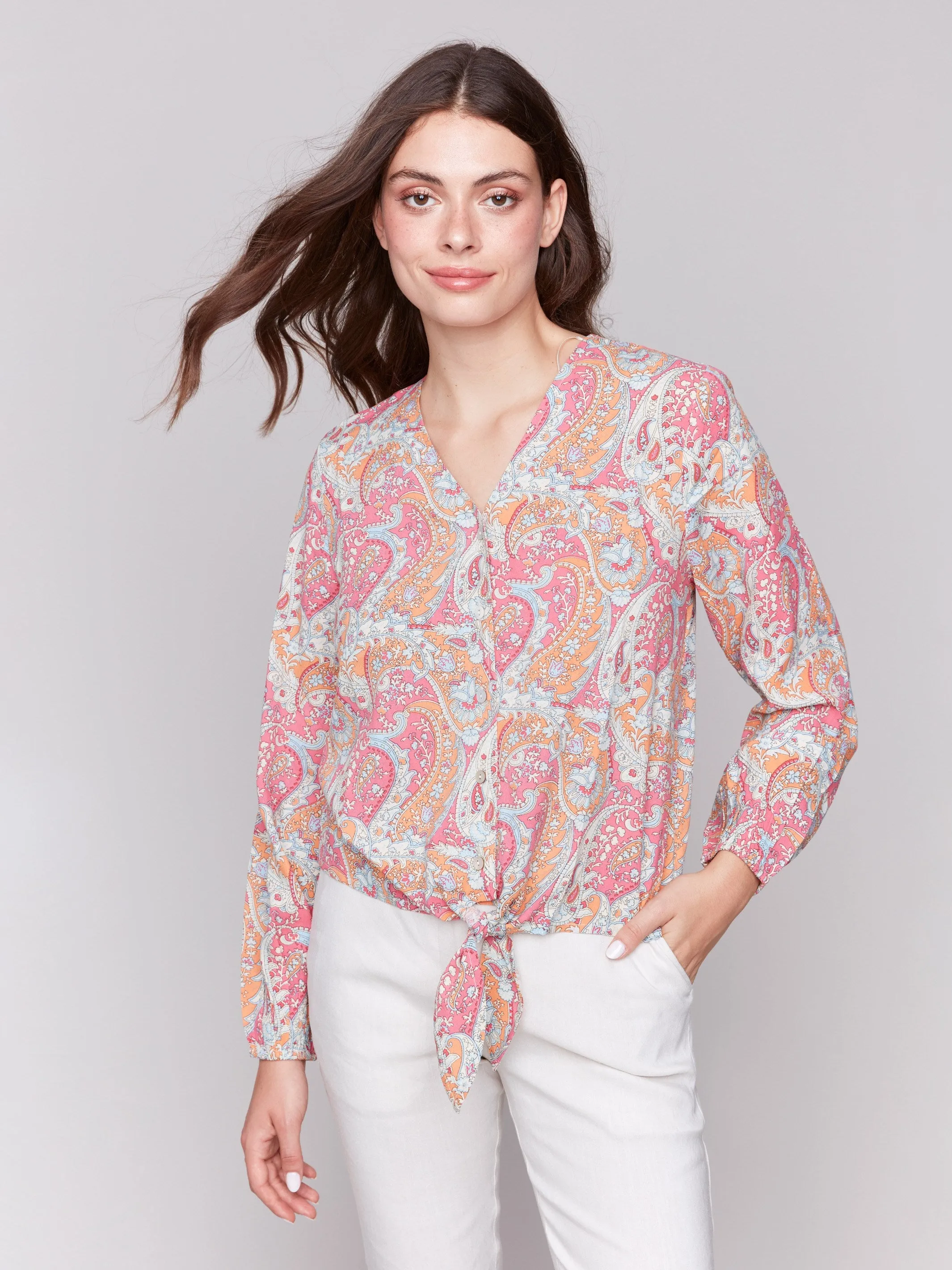 Long Sleeve Blouse with Tie - Paisley
