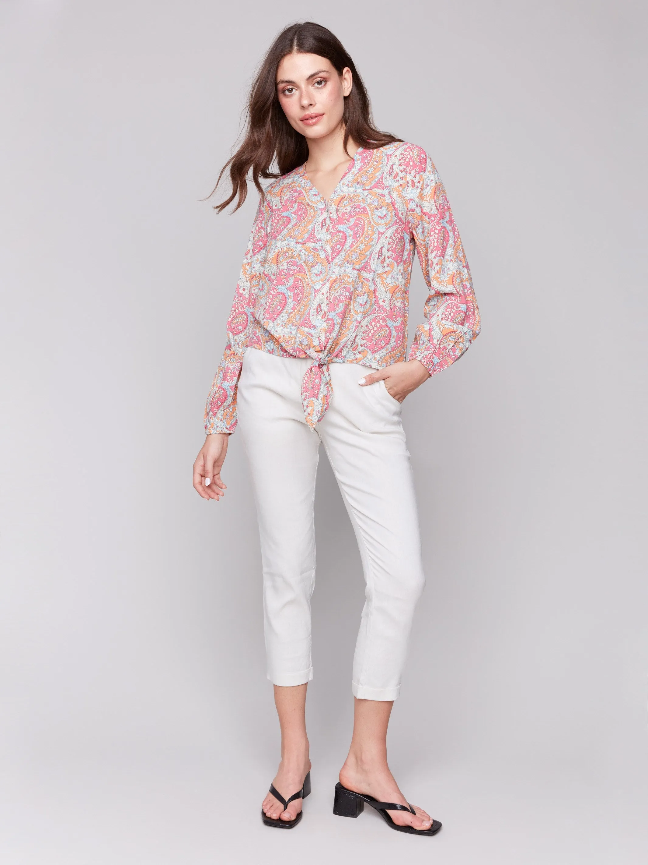 Long Sleeve Blouse with Tie - Paisley