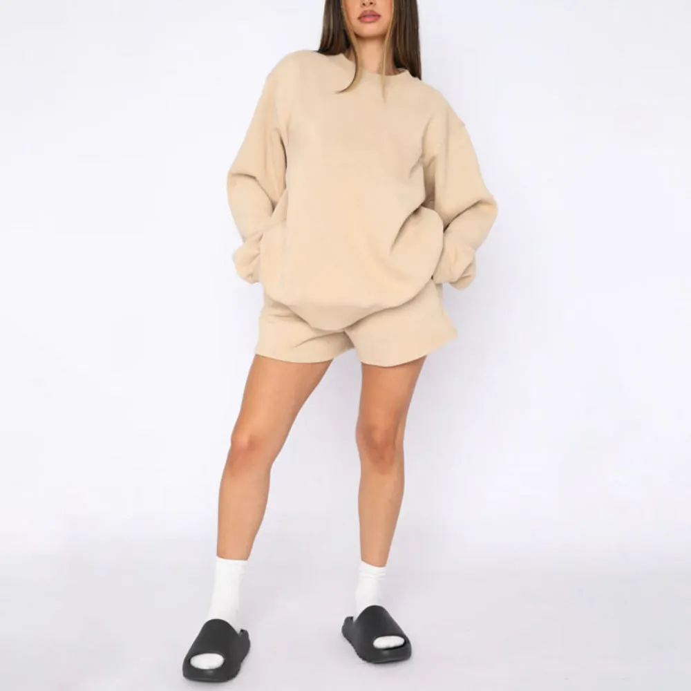 MALYBGG Women's Autumn/Winter Solid - Color Cotton Sweatshirt & Shorts Set ZZ-27700