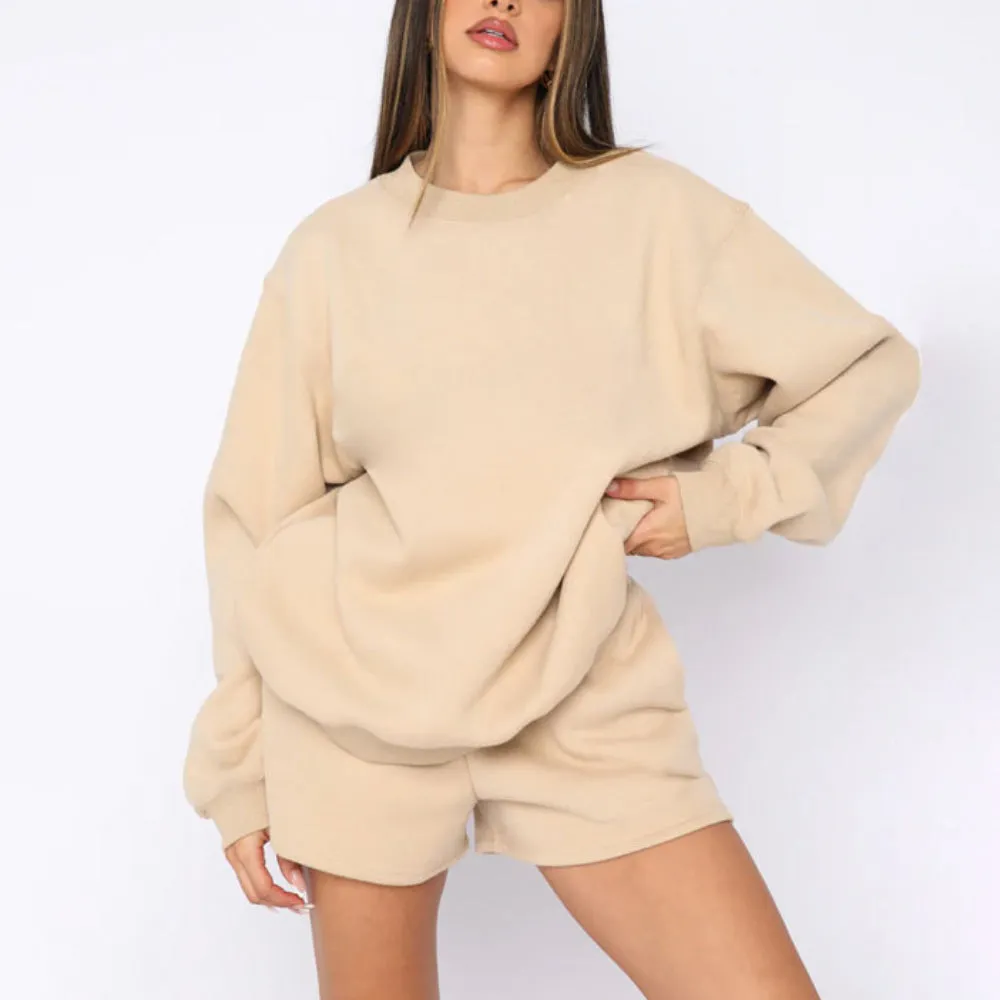 MALYBGG Women's Autumn/Winter Solid - Color Cotton Sweatshirt & Shorts Set ZZ-27700