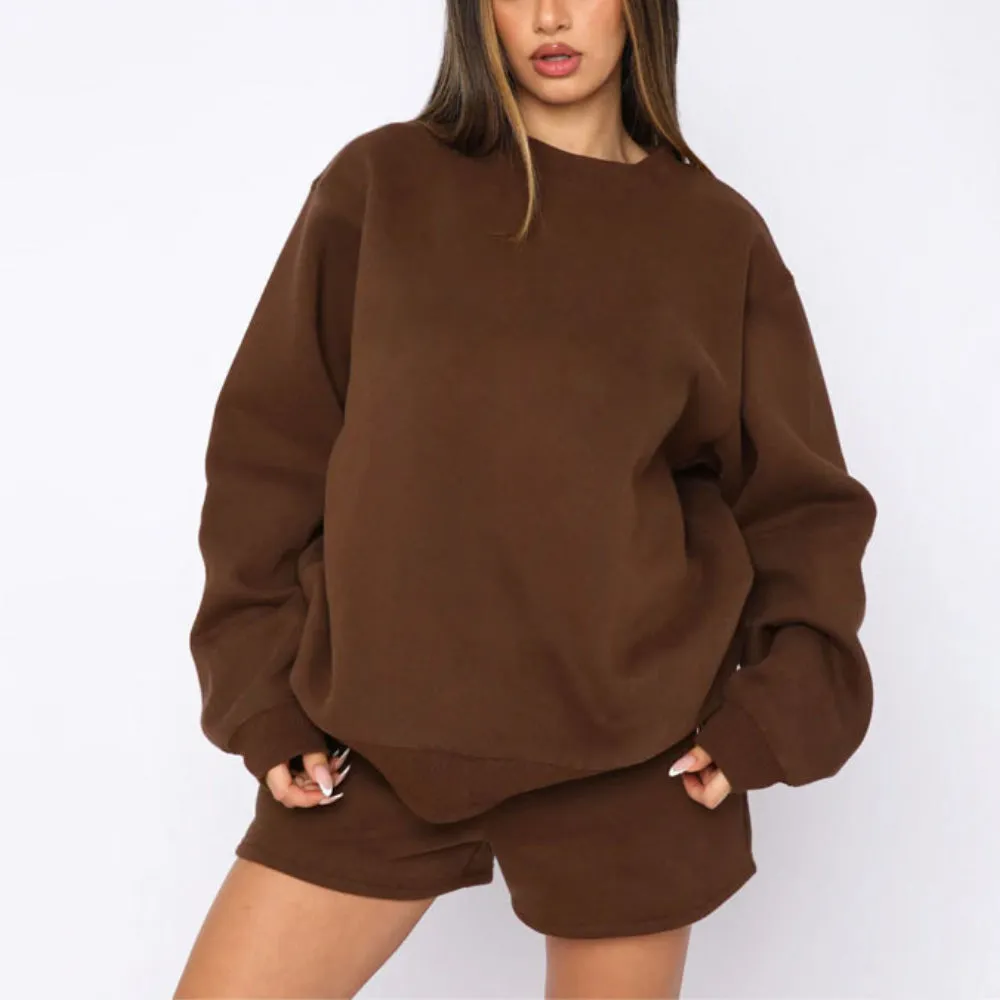 MALYBGG Women's Autumn/Winter Solid - Color Cotton Sweatshirt & Shorts Set ZZ-27700