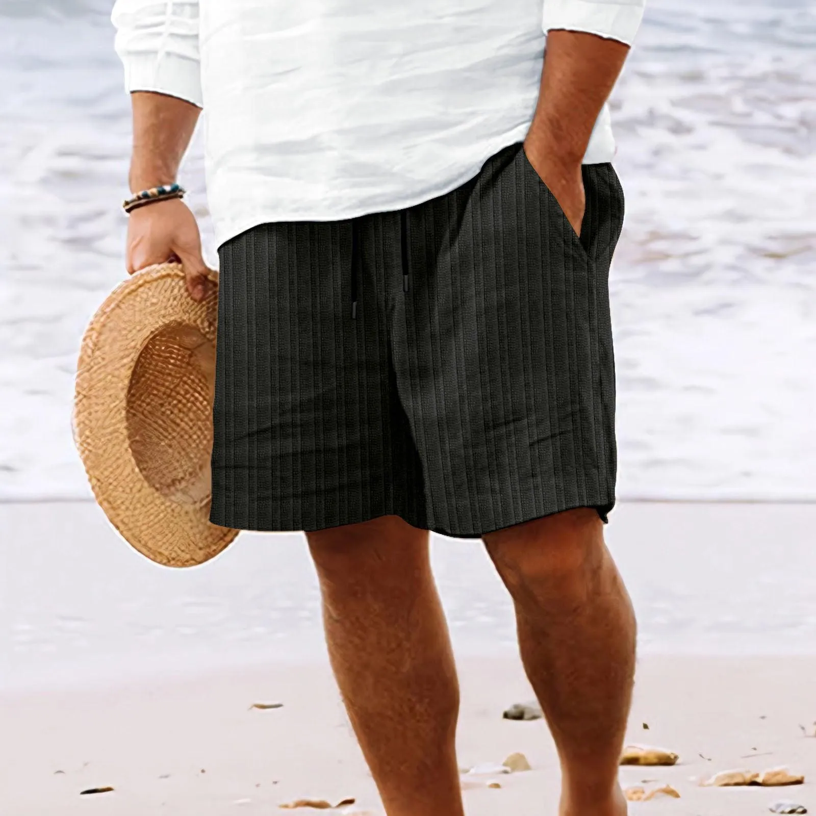 Men's Cotton and Linen Lace Striped Shorts - Stylish Comfort for Summer