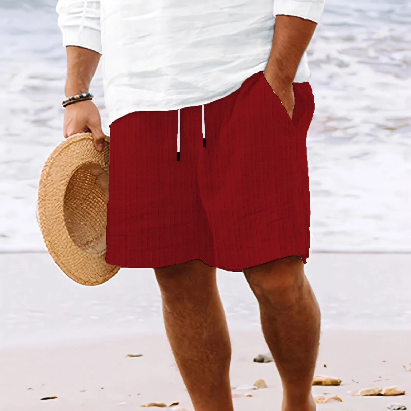 Men's Cotton and Linen Lace Striped Shorts - Stylish Comfort for Summer