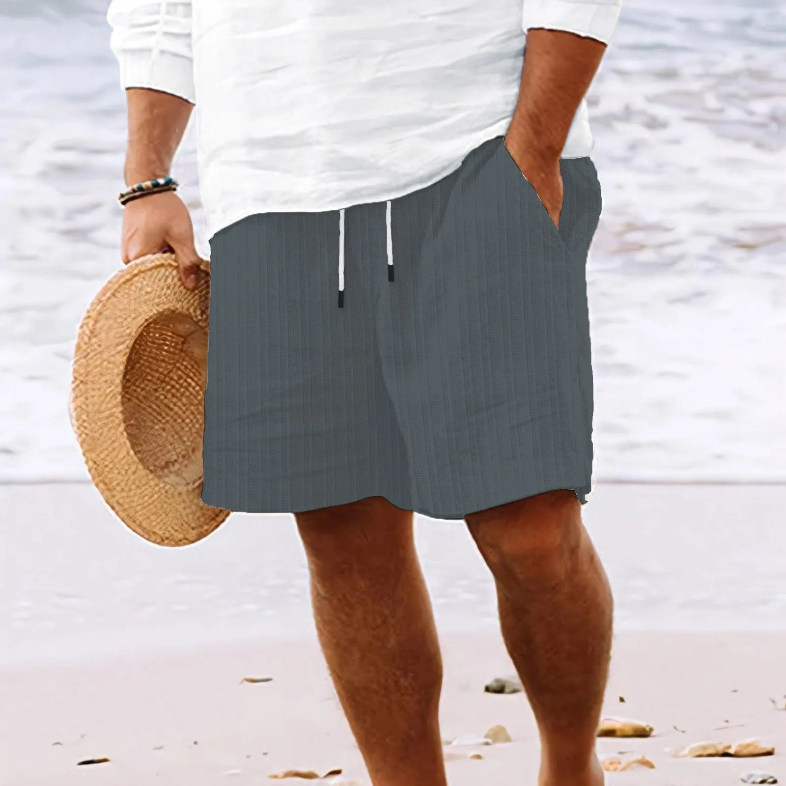 Men's Cotton and Linen Lace Striped Shorts - Stylish Comfort for Summer