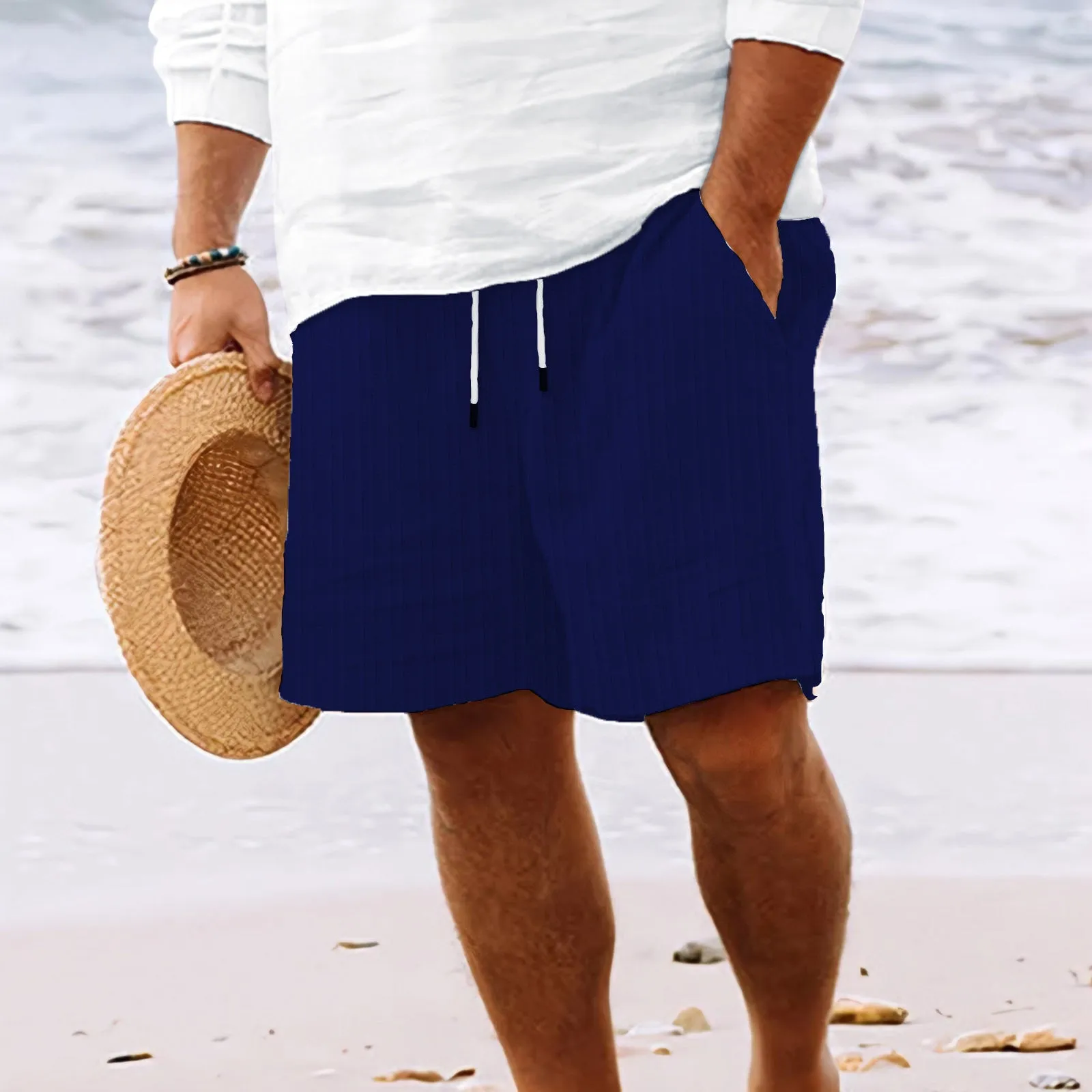 Men's Cotton and Linen Lace Striped Shorts - Stylish Comfort for Summer