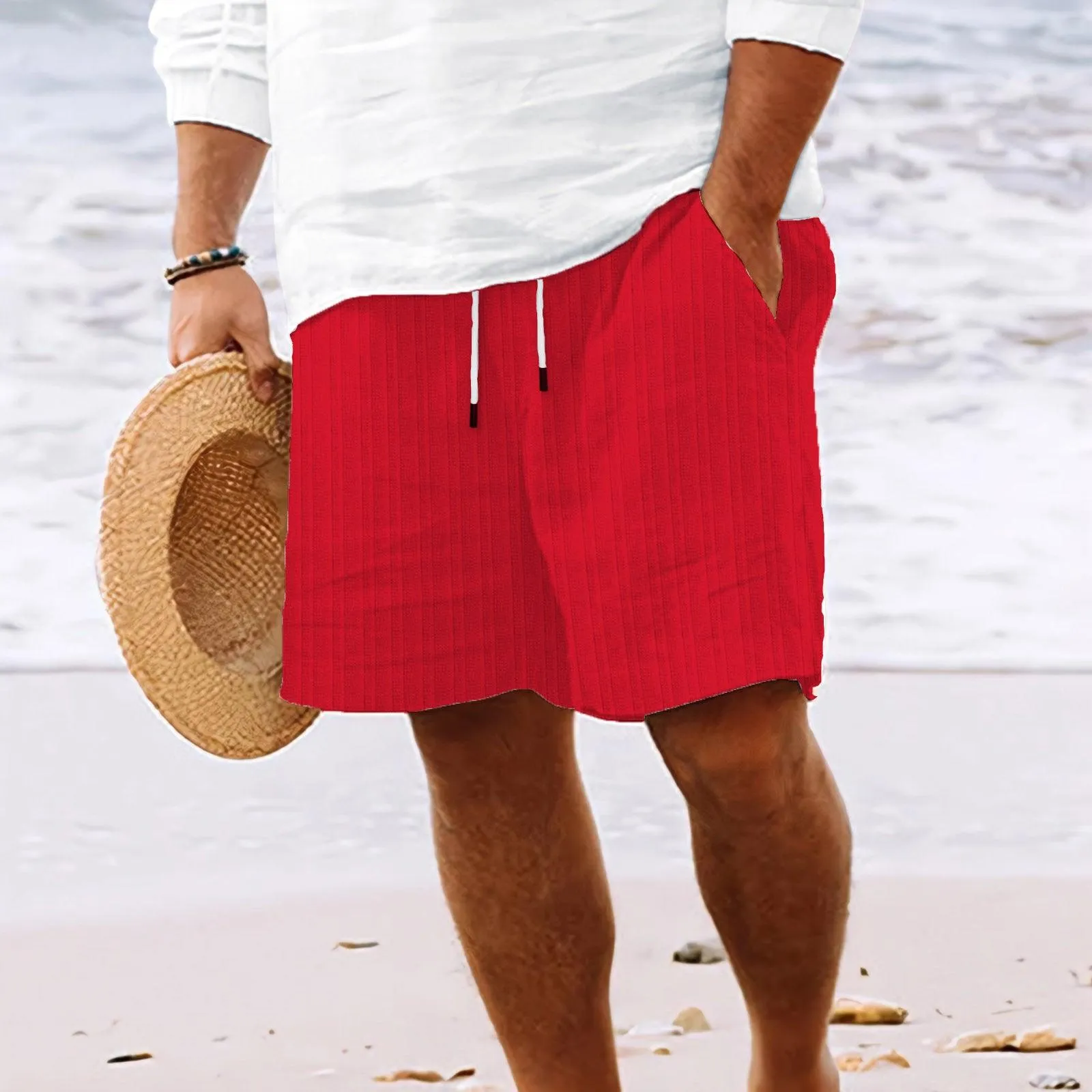 Men's Cotton and Linen Lace Striped Shorts - Stylish Comfort for Summer