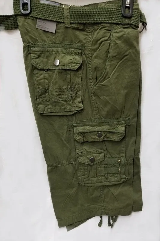 Men's Stylish 8 Pocket Olive Cargo Shorts (w/Belt)