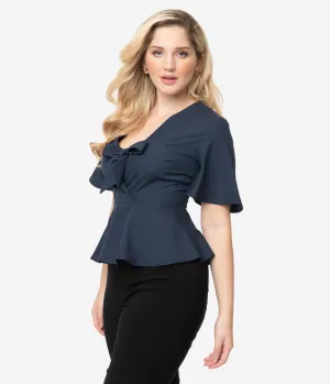 Navy Short Sleeve Peplum Blouse