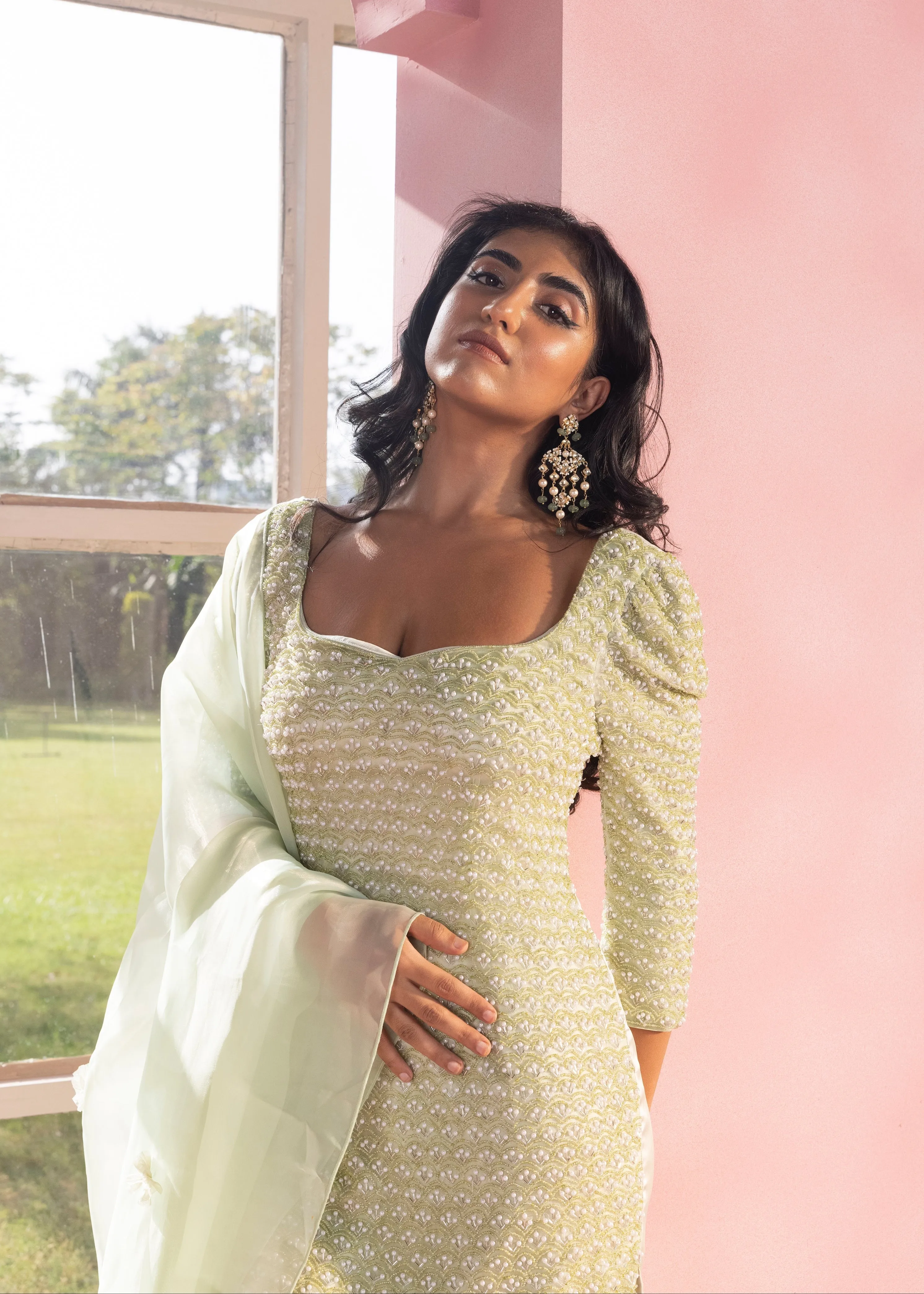 Neysha Sage Green Hand Embroidered Sharara Set