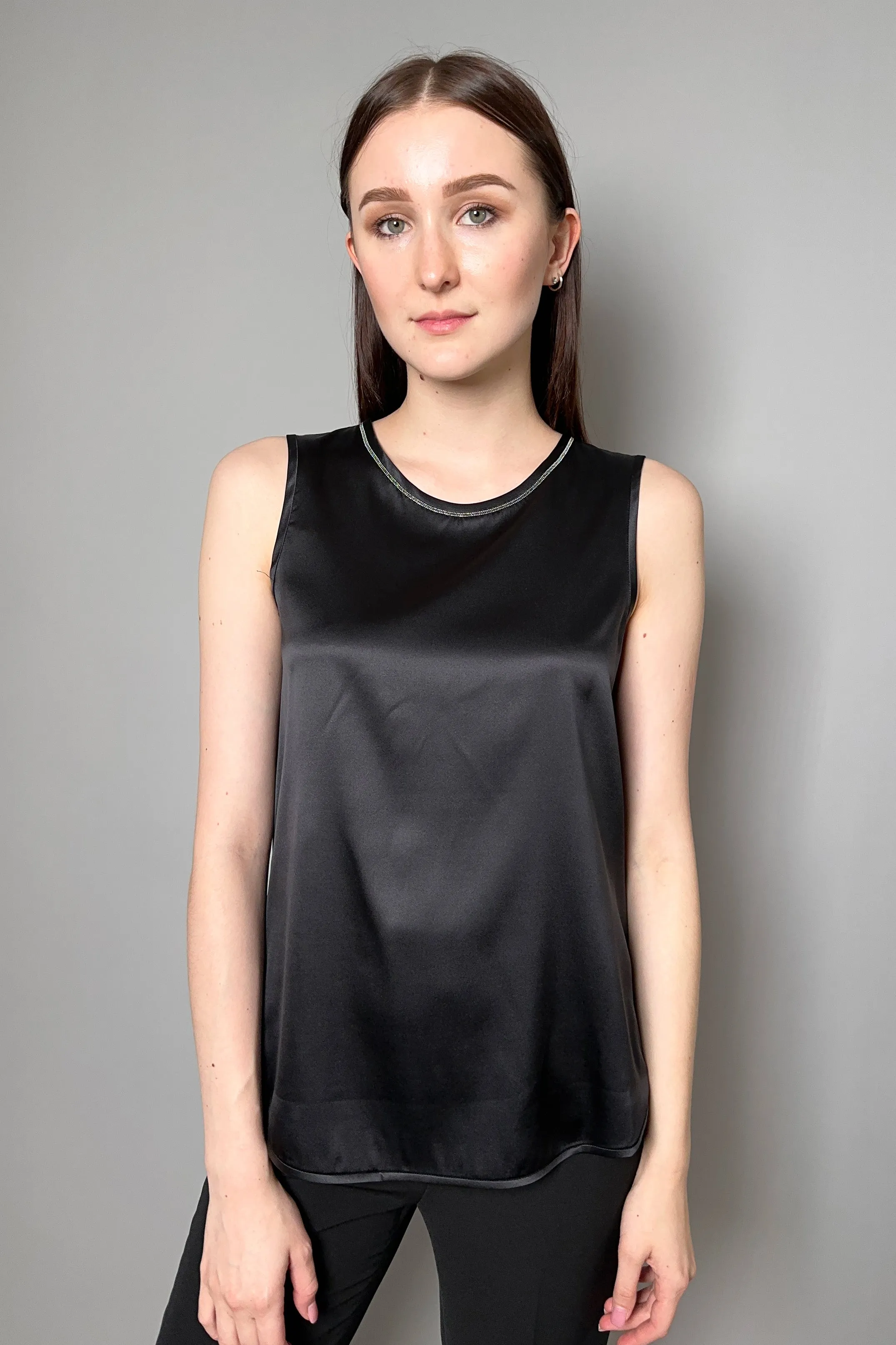 Peserico Silk Tank Top with Brilliant Beading in Black