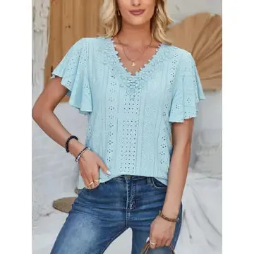 Playfully Yours Plus Blue Hollow Out Lace Top