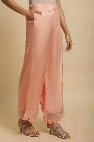 Plus Size Pink Parallel Pants With Lace And Embroidery