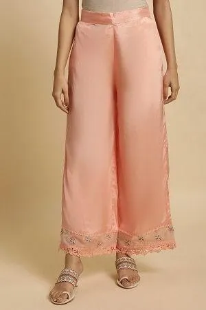 Plus Size Pink Parallel Pants With Lace And Embroidery