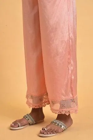 Plus Size Pink Parallel Pants With Lace And Embroidery
