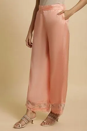 Plus Size Pink Parallel Pants With Lace And Embroidery