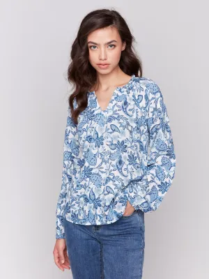 Printed Viscose Long Sleeve Popover Blouse - Azure