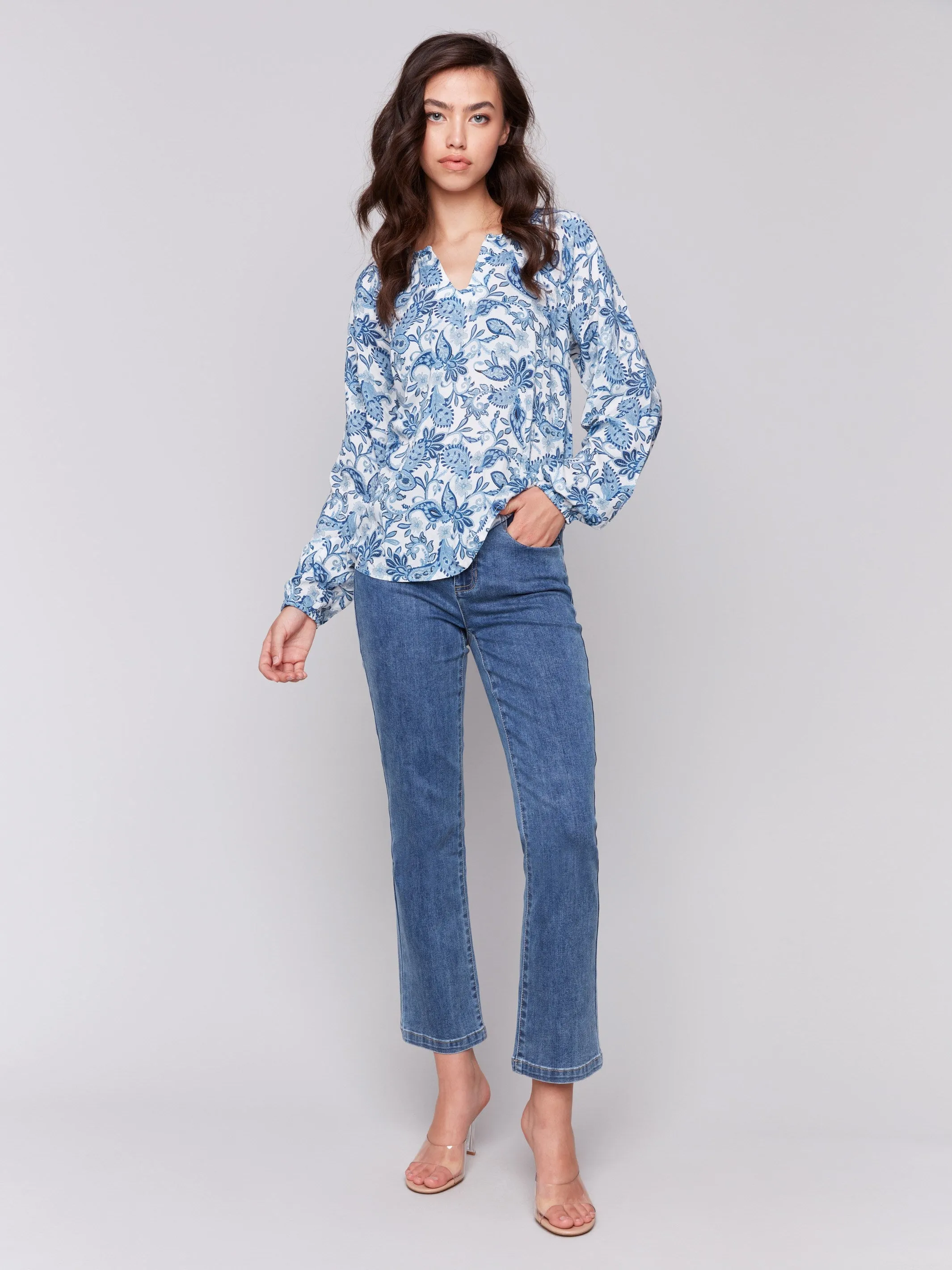 Printed Viscose Long Sleeve Popover Blouse - Azure