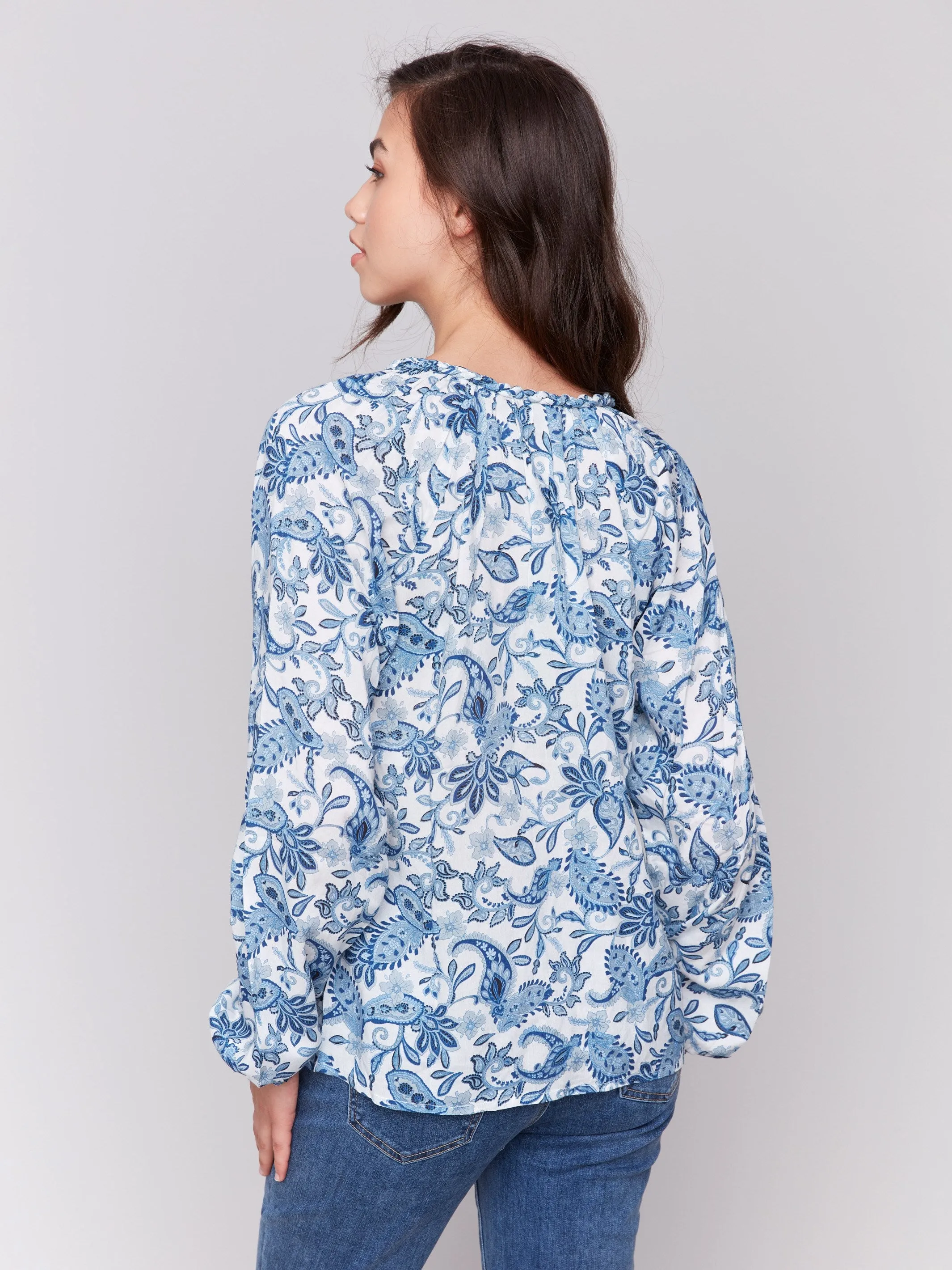 Printed Viscose Long Sleeve Popover Blouse - Azure