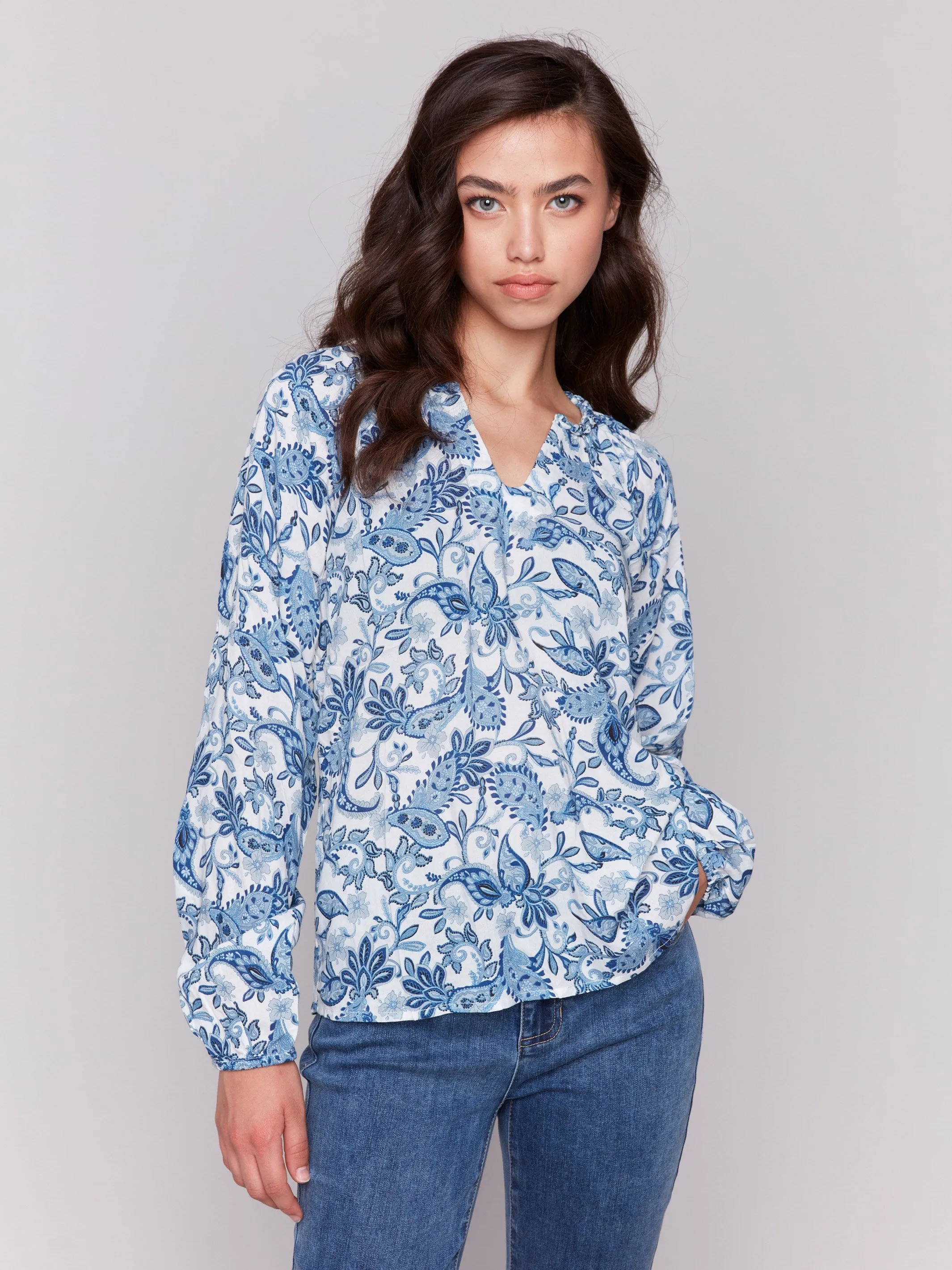 Printed Viscose Long Sleeve Popover Blouse - Azure