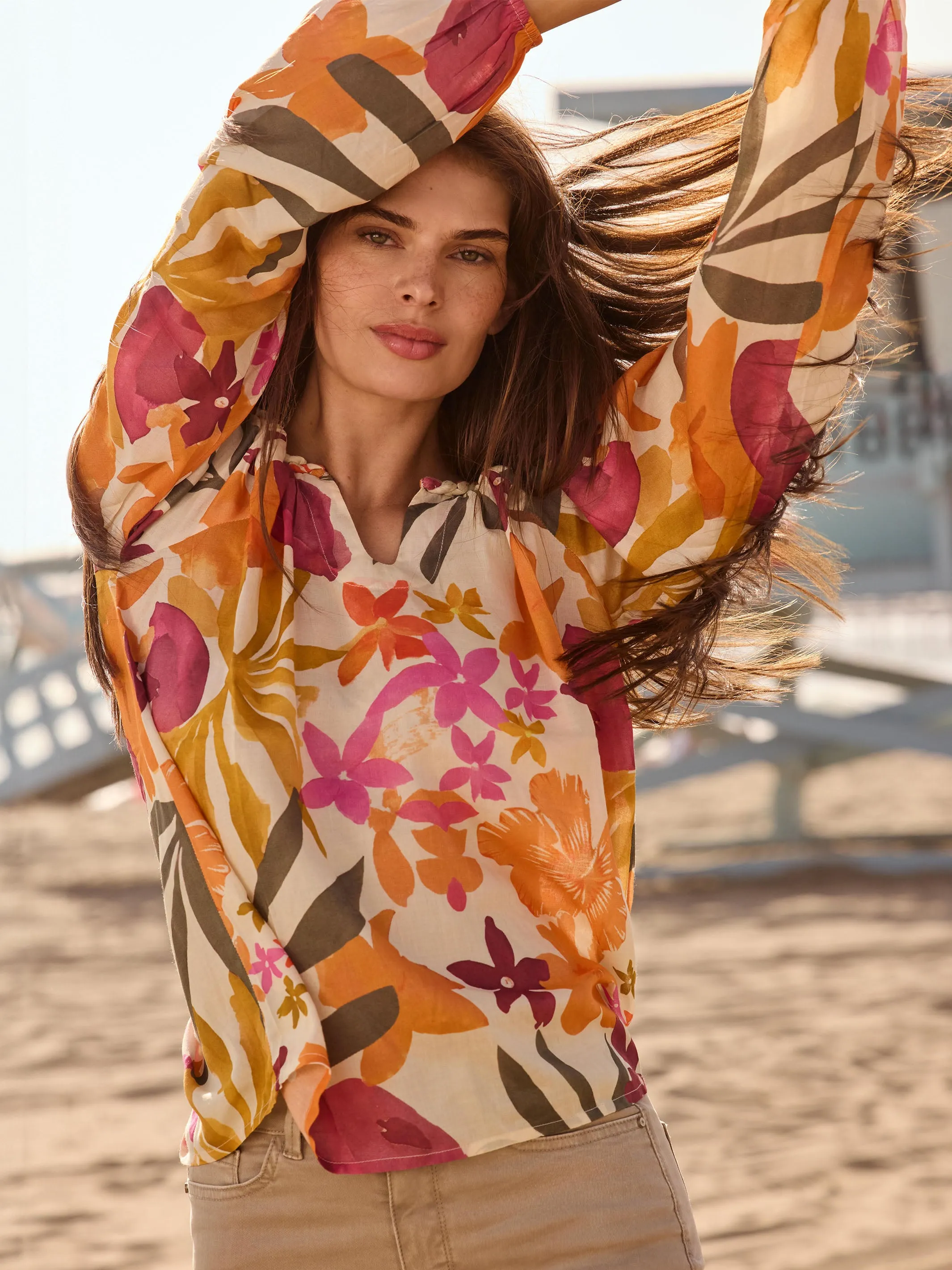 Printed Viscose Long Sleeve Popover Blouse - Bouquet